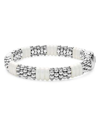 18K Yellow Gold & Sterling Silver White Ceramic Rondelle & Caviar Bead Statement Bracelet