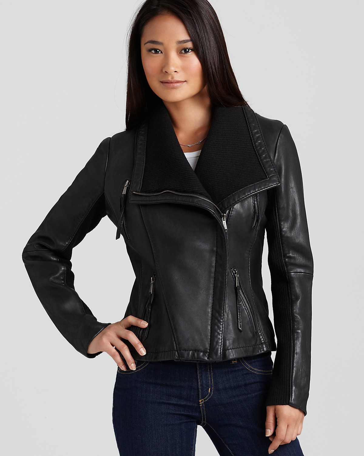 MICHAEL Michael Kors Wing Collar Knit Detail Leather Jacket ...