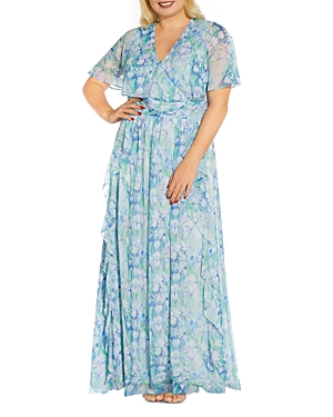 Adrianna Papell Plus Chiffon Capelet Gown In Blue Multi