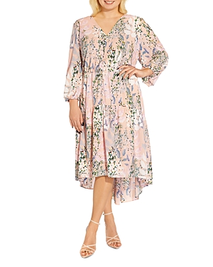 Adrianna Papell Plus Floral Print High Low Midi Dress In Blush Multi