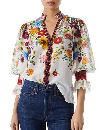 Alice and Olivia Ilan Smocked Gathered Floral Print Blouse | Bloomingdale's
