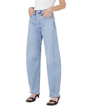 Agolde 'luna' Light Blue Jeans With Logo Patch On The Rear And Fringed Hem In Void