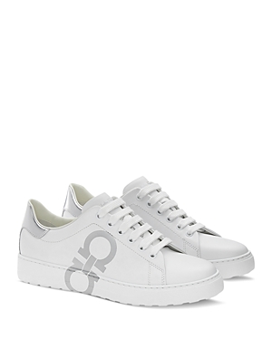 Ferragamo Gancini Metallic-effect Lace-up Sneakers In Bianco