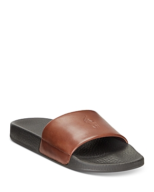 Polo Ralph Lauren Signature Pony Leather Pool Slides In Dark Brown/snuff
