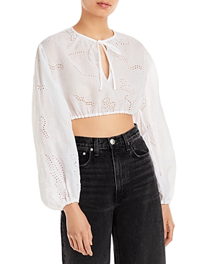 Frame Eyelet Blouson Sleeve Organic Linen Blend Crop Top In Blanc