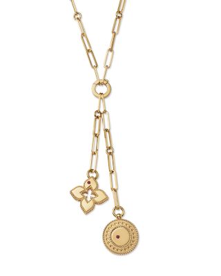 18K Yellow Gold Venetian Princess Diamond Flower &amp; Disc Pendant Y Necklace, 15&amp;quot;