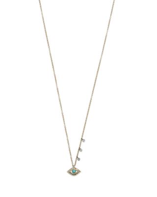 14K Yellow Gold & 14K White Gold Diamond & Turquoise Evil Eye Adjustable Pendant Necklace, 18"