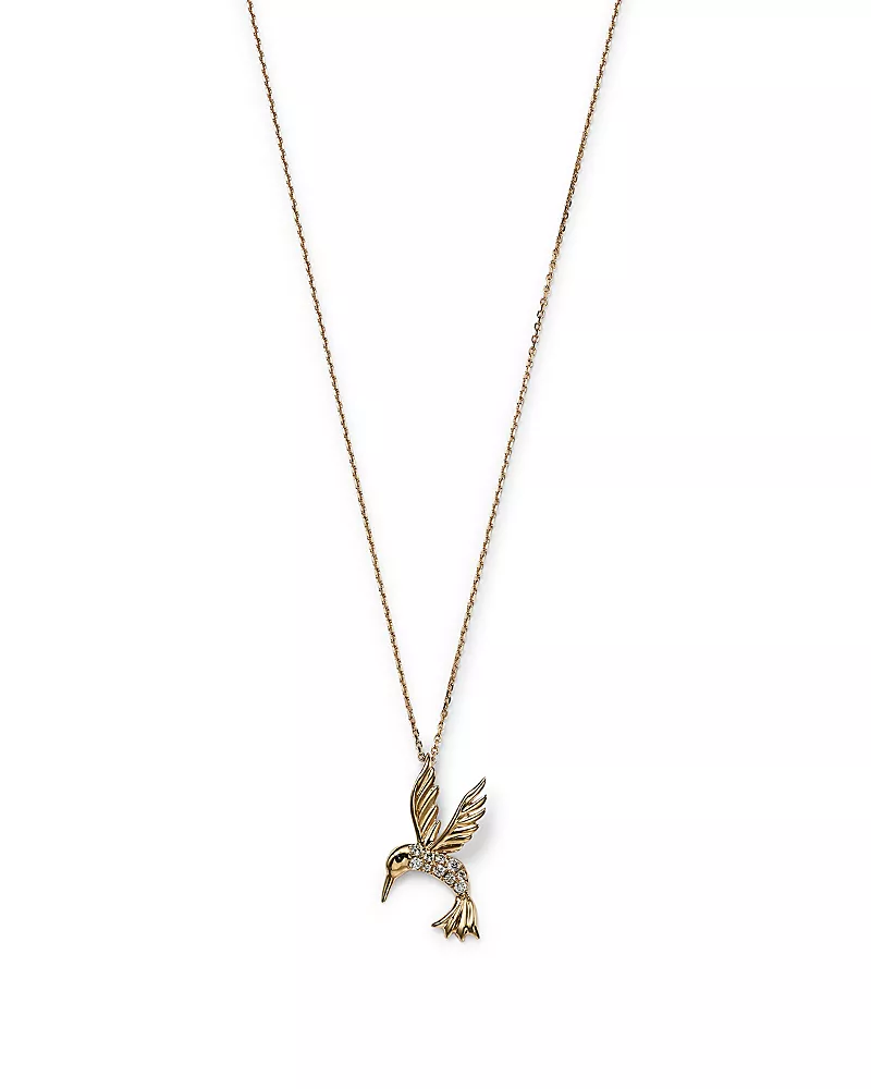 Diamond Hummingbird Pendant Necklace in 14K Yellow Gold, 0.09 tcw