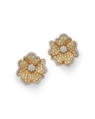 Yellow & White Diamond Flower Stud Earrings in 14K White & Yellow Gold, 4.4 tcw 