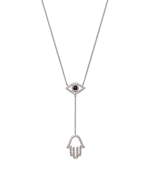 Sapphire and Diamond Evil Eye Hamsa Y Necklace in 14K White Gold, 16