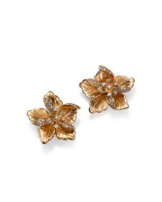 Diamond Flower Earrings in 14K Textured Yellow Gold, 0.30 tcw 