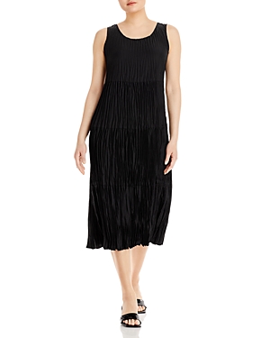 Eileen Fisher Sleeveless Tiered Silk Midi Dress In Black | ModeSens