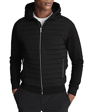 Shop Reiss Taylor Slim Fit Interlock Quilted Hooded Hybrid Coat In Black