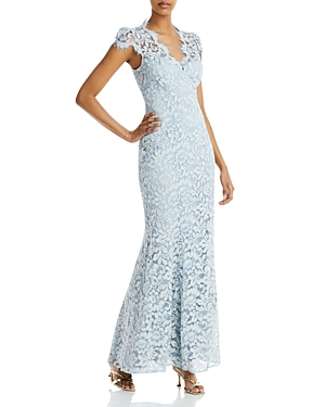 Shop Eliza J Scalloped-edge Lace Gown In Sky