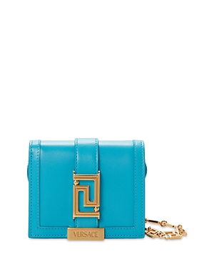 Versace Greca Goddess Leather Bifold Chain Wallet In Teal/gold
