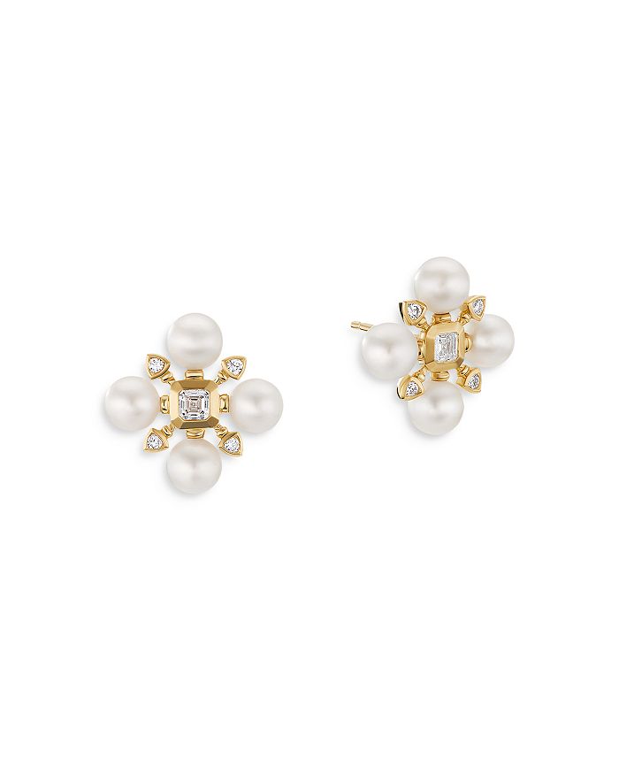 David Yurman - 18K Yellow Gold Renaissance Diamond and Pearl Stud Earrings