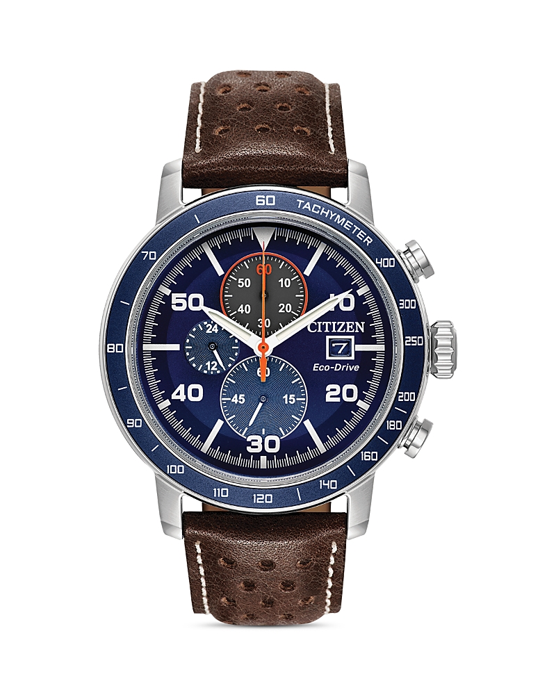 Citizen Brycen Mens Chronograph Brown Leather Strap Watch Ca0648-09l In Blue/brown