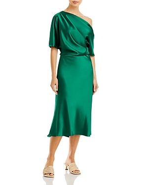 Amsale Draped One Shoulder Midi Dress In Emerald