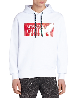 Shop Versace Jeans Couture Cotton Fleece Logo Print Hoodie In White