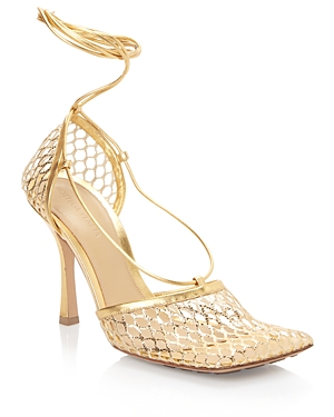 Bottega Veneta 90mm Macrame Metallic Ankle-wrap Pumps In Gold