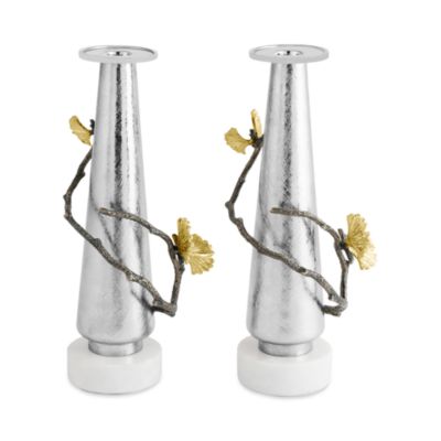 Butterfly Ginkgo Silver Candleholders, Set of 2