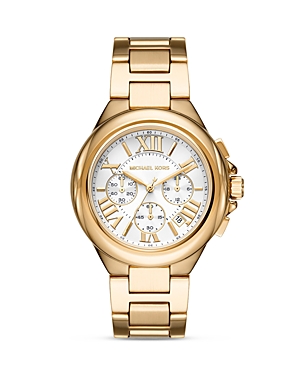 Michael Kors Women's Camille Chronograph Gold-tone Stainless Steel Bracelet Watch 43mm In White/gold