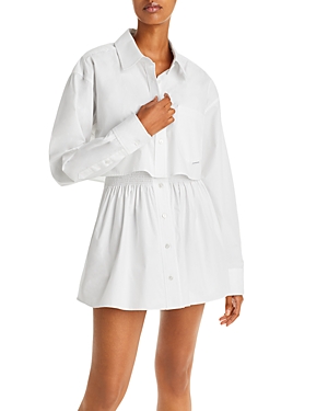 Alexander Wang T Smocked Waist Cropped Panel Button Up Shirt In White