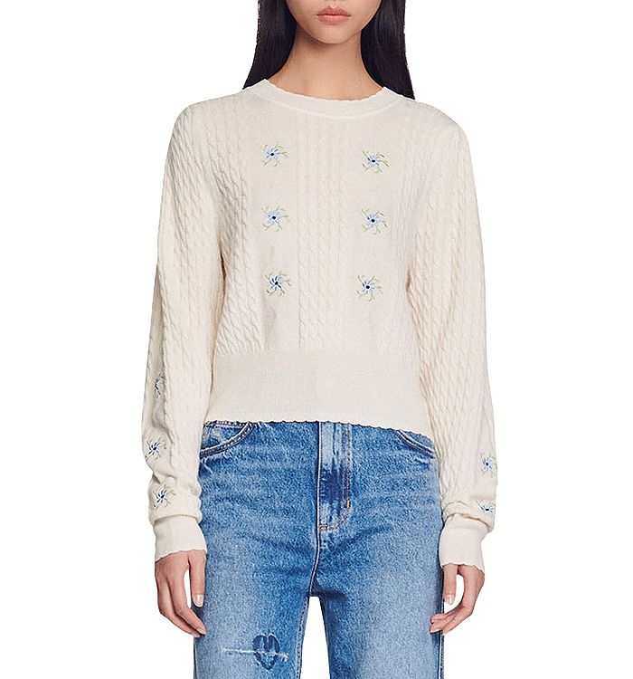 Sandro Touquet Floral Embroidered Cable Knit Sweater | Bloomingdale's
