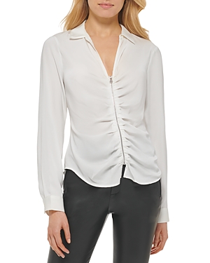 Dkny Zip Front Long Sleeve Top In Ivory