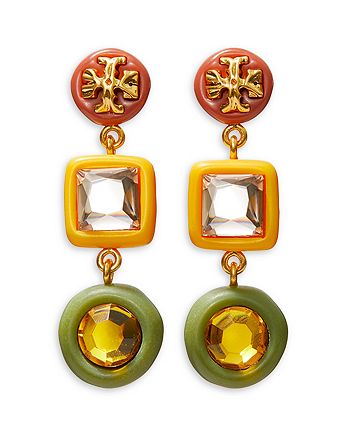 Tory Burch - Roxanne Crystal & Color Logo Drop Earrings in 18K Gold Plated