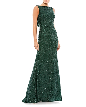 Shop Mac Duggal Cowl Back Boat Neck Sequined Evening Gown In Emerald