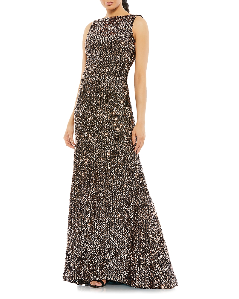 Mac Duggal Cowl Back Boat Neck Sequined Evening Gown