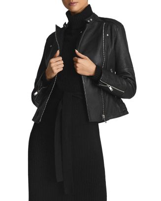 【海外限定】REISSレザースカート☆Zip-front high-rise leather Buy Reiss Black/Red Rae Leather Collarless Zip-Through