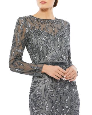  Beaded Long Sleeve Evening Gown