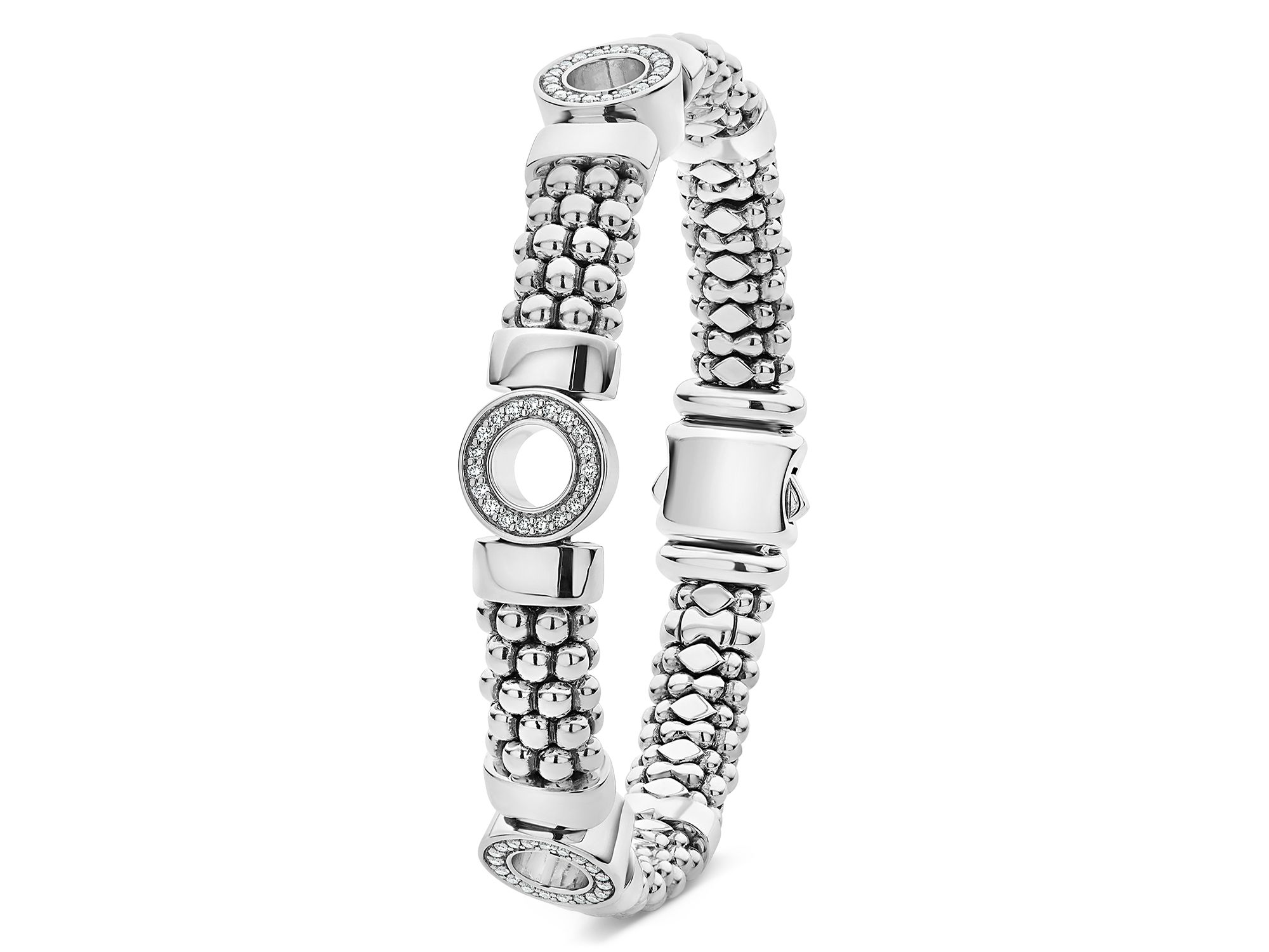 Sterling Caviar Spark Diamond Three Circle Caviar Bead Link Bracelet — Image 3