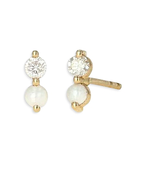 14K Yellow Gold Cultured Freshwater Pearl & Diamond Stud Earrings