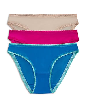 On Gossamer Mesh Hip Bikinis, Set Of 3 In Champagne/deep Magenta/mykonos Blue