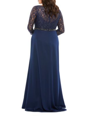  Plus Lace Illusion Long Sleeve V-Neck Draped  Gown