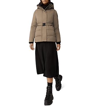 Shop Canada Goose Mckenna Satin Hooded Belted Coat In Quicksand