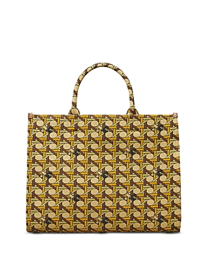 Shop Tory Burch Ella Circle Logo Knit Tote In Tan Basketweave/brass