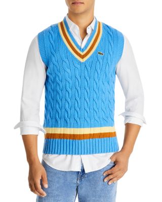 Lacoste Cable Knit Color Blocked Stripe V Neck Sweater Vest