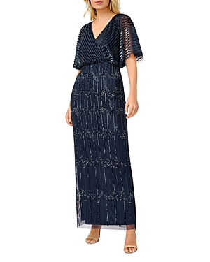 Adrianna Papell Embellished Flutter Sleeve Gown In Navy Gunmetal