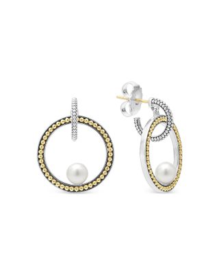 18K Yellow Gold & Sterling Silver Luna Cultured Freshwater Pearl Interlocking Drop Hoop Earrings