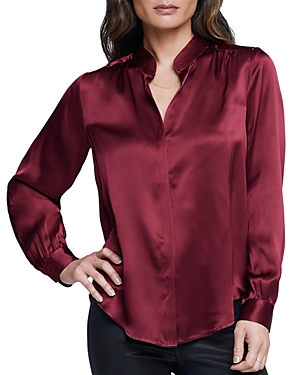 L Agence L'agence Bianca Silk Banded Collar Blouse In Black Cherry