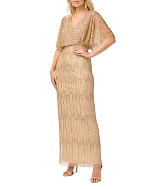 ADRIANNA PAPELL EMBELLISHED FLUTTER SLEEVE GOWN