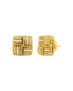 Roberto Coin 18K Yellow Gold Royal Opera Diamond Twist Texture Square Stud Earrings