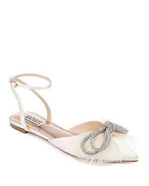 Shop Badgley Mischka Women's Sabina Pointed Toe Ankle Strap Flats In Ivory Satin