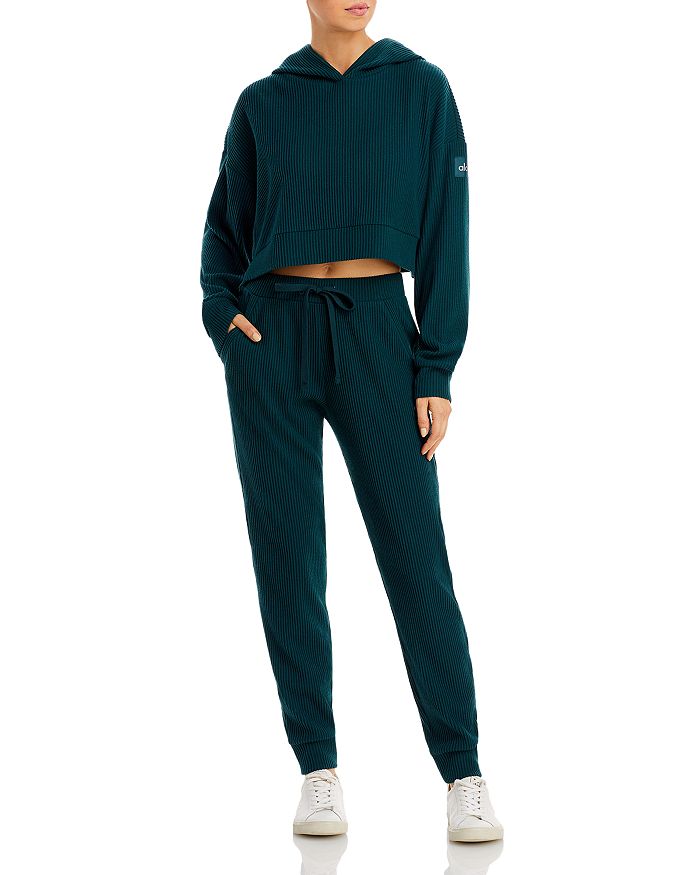 Shop Alo Yoga Muse Rib-knit Sweatpants In Midnight Green