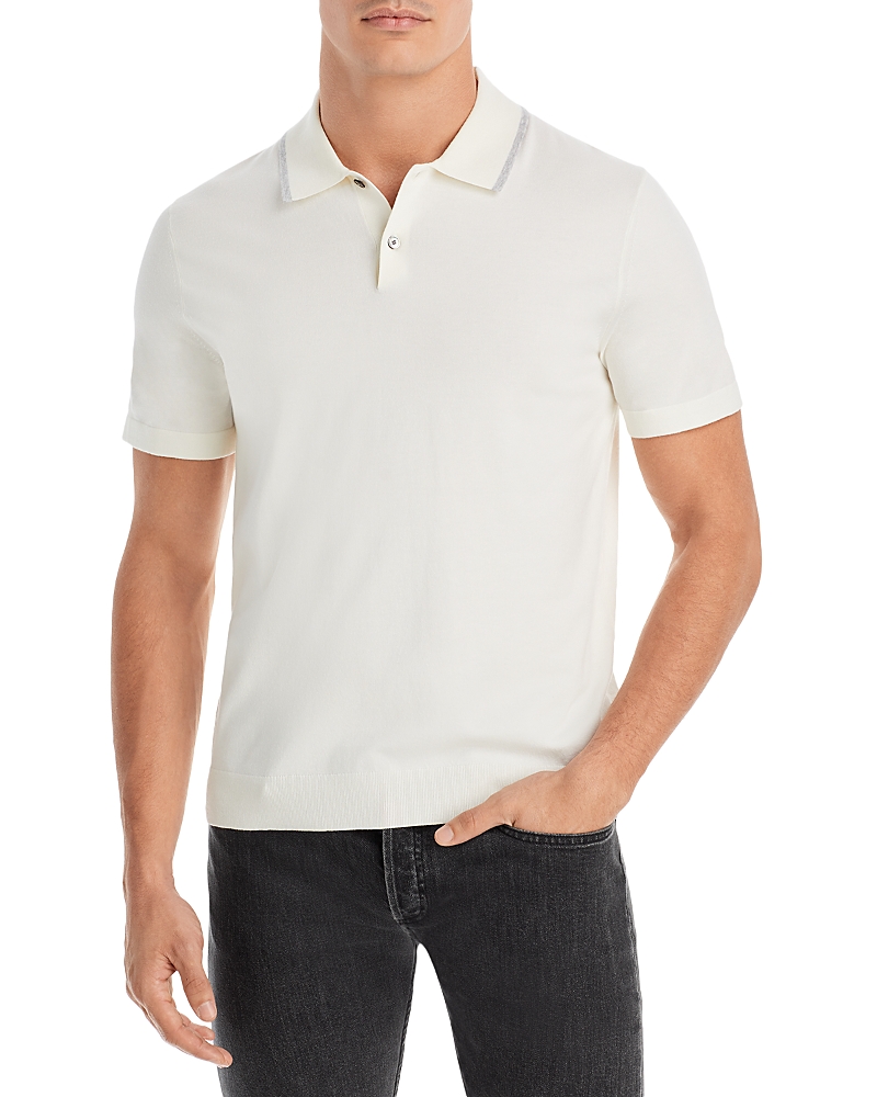 Theory Goris Tipped Collar Knit Polo In Fine Bilen In Ivory/ Gray Melange