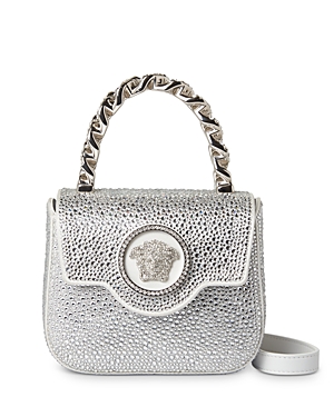 Versace La Medusa Crystal Embellished Mini Top Handle Bag In Optic White/ Gold